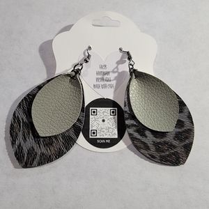 Black/Gray Leopard, Grey, 2-Layered Faux Leather Earrings 2.5"